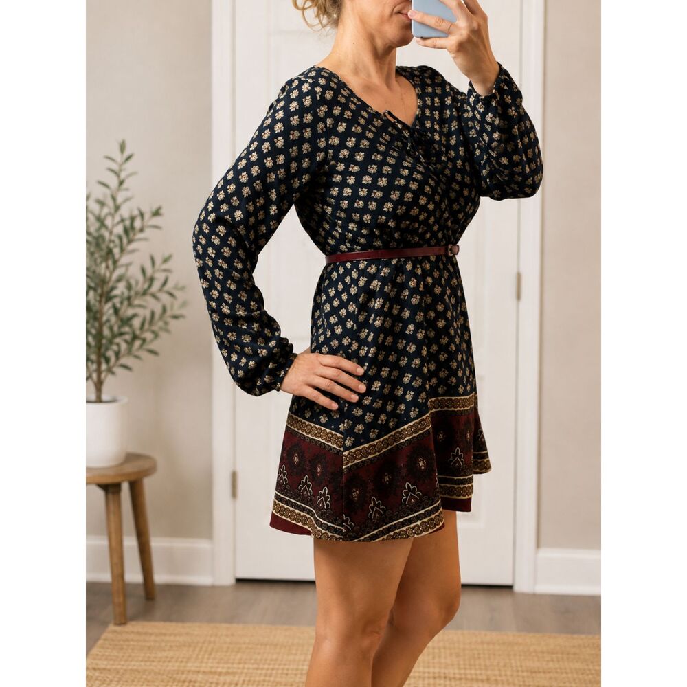 Living Doll Women’s Black Floral Boho Mini Dress Long Sleeve